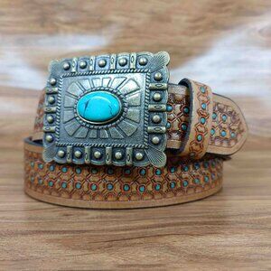 Western Honeycomb Tooled belt, Leather Embossed Belt with Turquoise Dots, Unisex